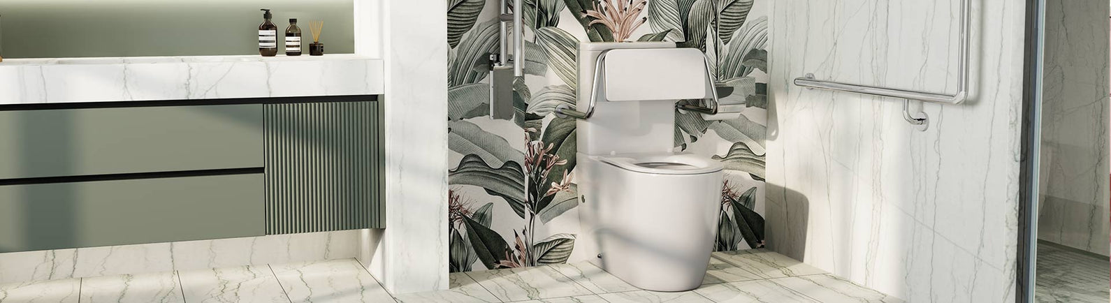 Accessible bathroom with support rails and rimless toilet