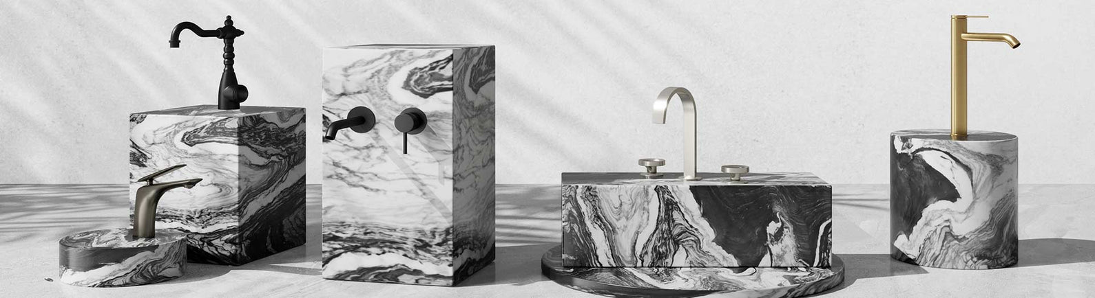 Assorted basin tapware—single-lever mixer, traditional gooseneck, wall set, three-piece and tall vessel mixer in black, nickel and brass
