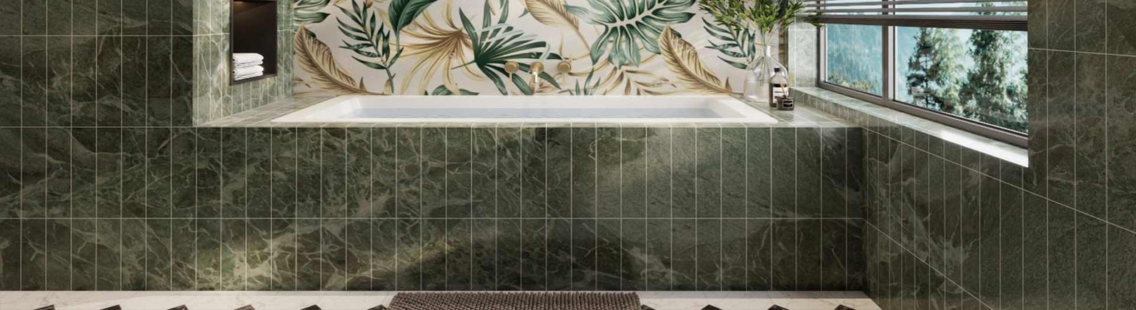 A built-in bathtub surrounded by glossy green marble tiles