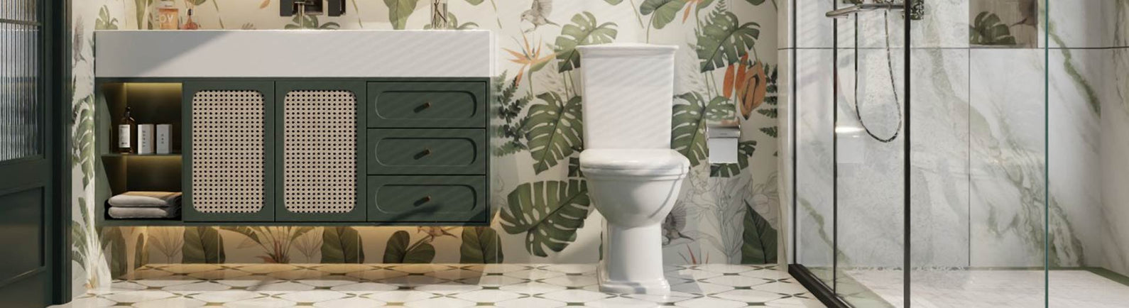 Modern bathroom with a close-coupled toilet, green vanity and black framed shower