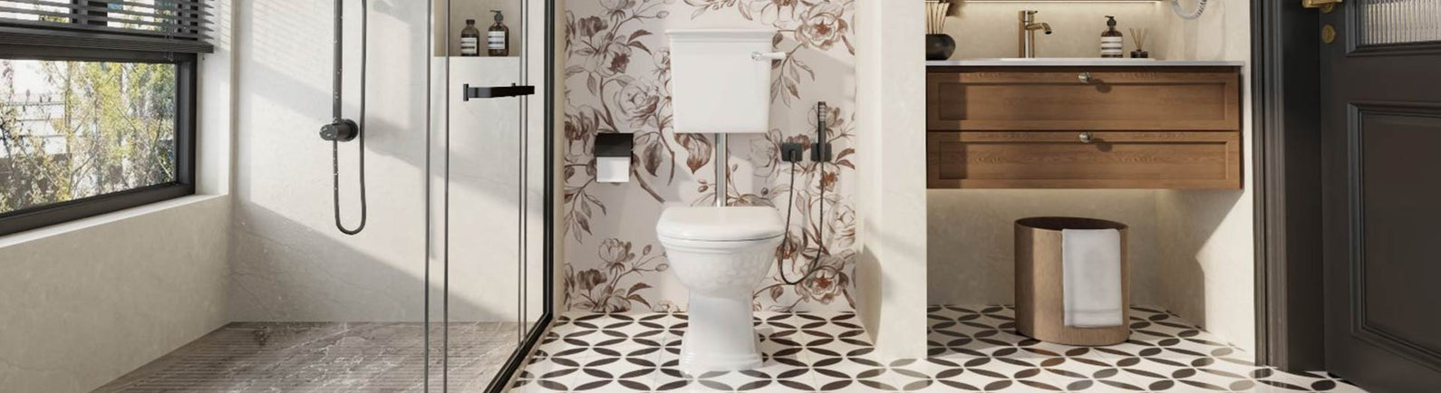 Bright bathroom with connector toilet, glass shower screen, and floral tile flooring