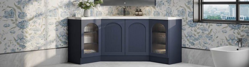 Curved navy corner vanity with fluted arch doors and ribbed glass panels
