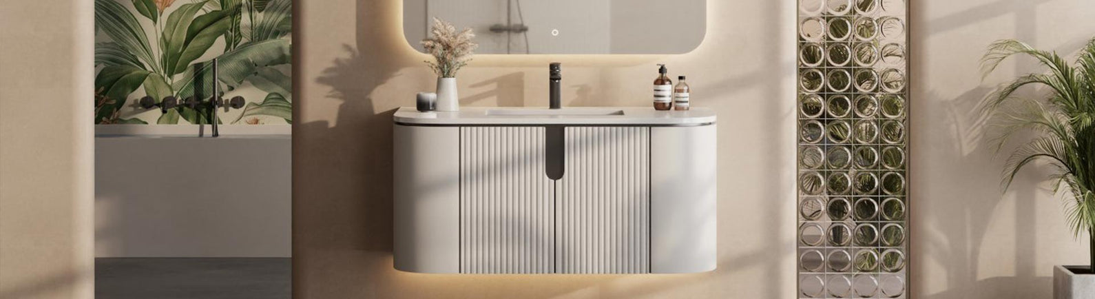 Modern fluted curved vanity in a stylish bathroom with ambient lighting