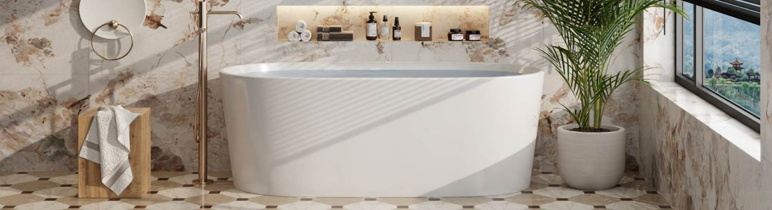 White freestanding bathtub in a modern marble bathroom.