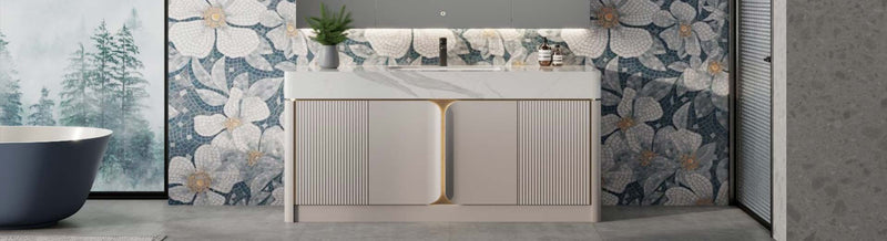 Freestanding vanity with kickboard in modern bathroom