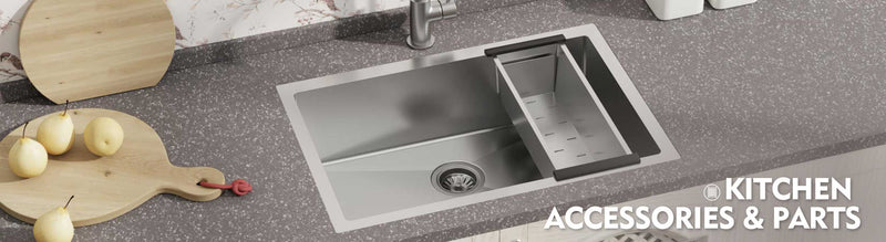 Modern kitchen bench with a stainless steel sink, cutting board, and soap dispenser—featuring sink accessories from MyHomeware.