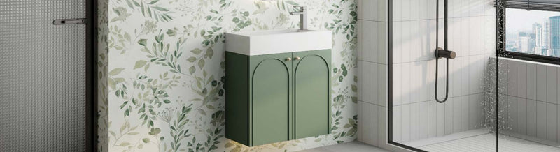 Narrow green bathroom vanity with arched doors in modern shower room