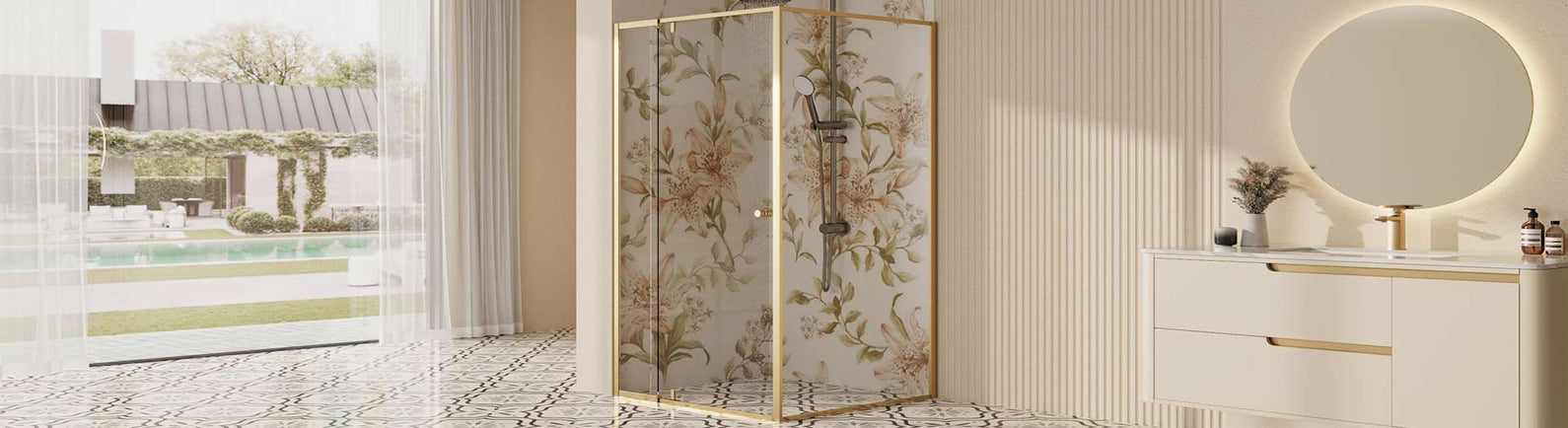 Gold frame pivot shower screen with floral glass panel in a modern bathroom