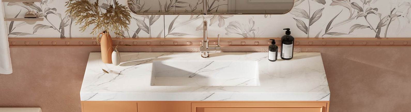 Sintered stone vanity top with integrated basi