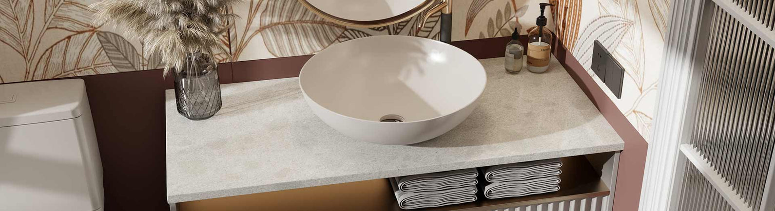 Stone vanity top with round basin and natural decorative setting
