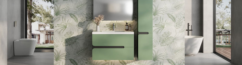 Green tall boy cabinet and wall hung vanity in modern bathroom