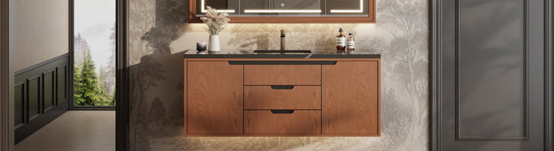 Modern timber look floating vanity with black details in a stylish bathroom.