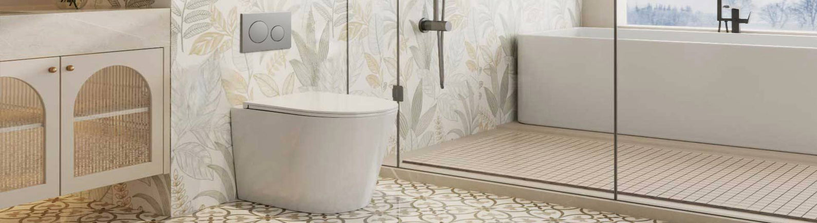 Bathroom with toilet pan and light timber vanity in marble-themed interior