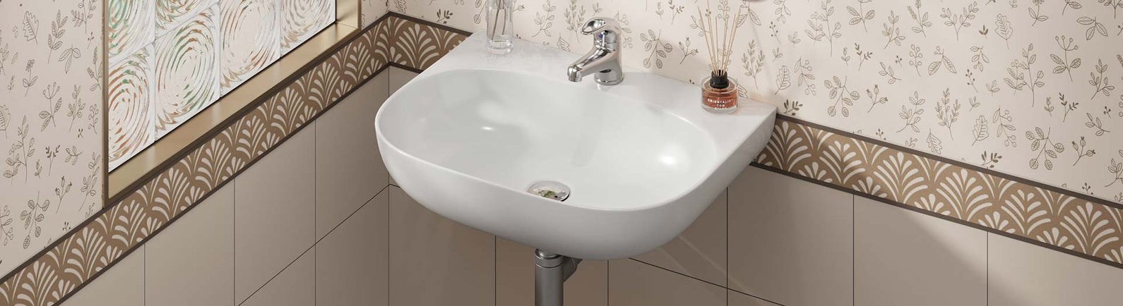 Stylish white wall-hung basin with chrome tap