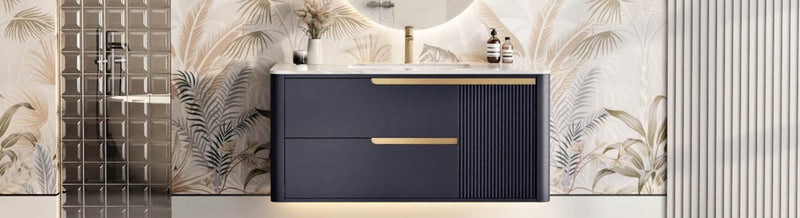 Wall hung vanity with gold handles and underglow lighting.