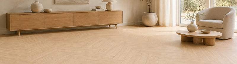 Engineered herringbone natural oak flooring in living room