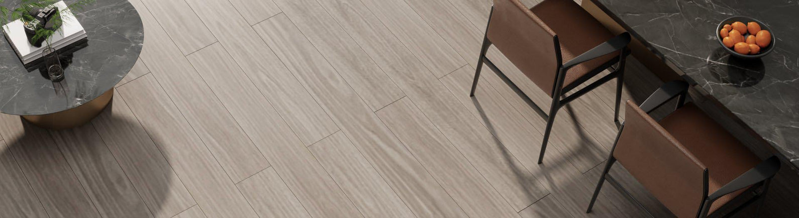 Light grey timber-look laminate flooring in dining area