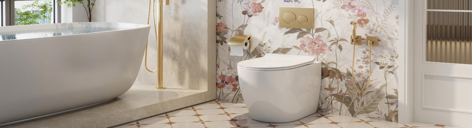 Elegant bathroom with in-wall toilet suite, freestanding bathtub, and gold fixtures
