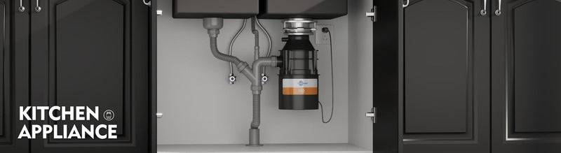 Under-sink kitchen setup with a food waste disposal unit installed, representing kitchen appliance solutions from MyHomeware.