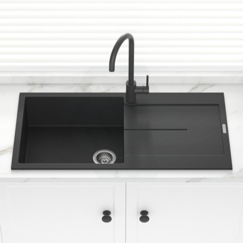 1000X500X200Mm Carysil Black Single Bowl With Drainer Board Granite Kitchen Laundry Sink Top/under