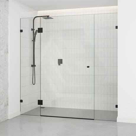 Tempered Glass Frameless Shower Screen Wall To Wall 3 Panels Black