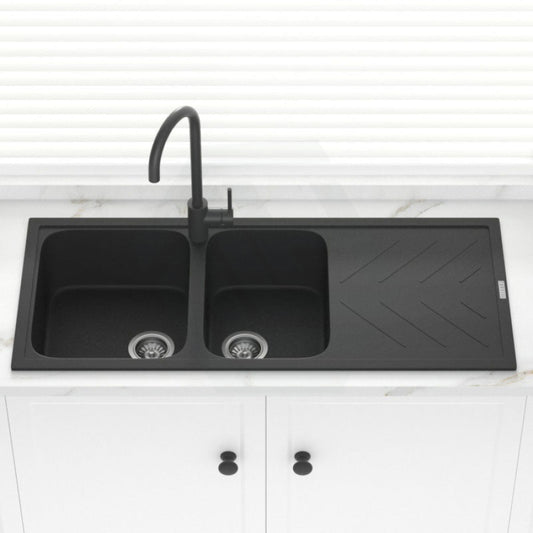 1160X500X200Mm Black Granite Quartz Stone 1 And 3/4 Kitchen Laundry Sink Double Bowls Drainboard
