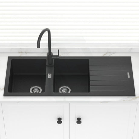 1160X500X200mm Black Granite Quartz Stone Kitchen Laundry Sink Double Bowls Drainboard Top Mount