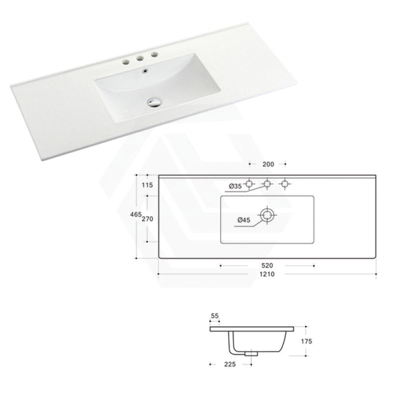 1210X465X175Mm Ceramic Top For Bathroom Vanity Single Bowl 1 Or 3 Tap Holes Available Gloss White