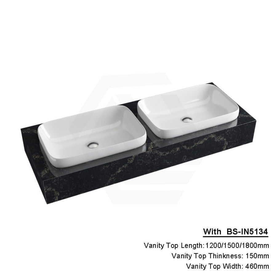 150Mm Gloss Black Swan Stone Top Calacatta Quartz With Inset Basin 1200X460Mm Double Bowls