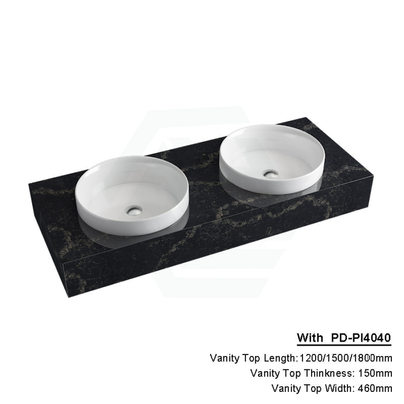 150Mm Gloss Black Swan Stone Top Calacatta Quartz With Inset Basin 1200X460Mm Double Bowls /