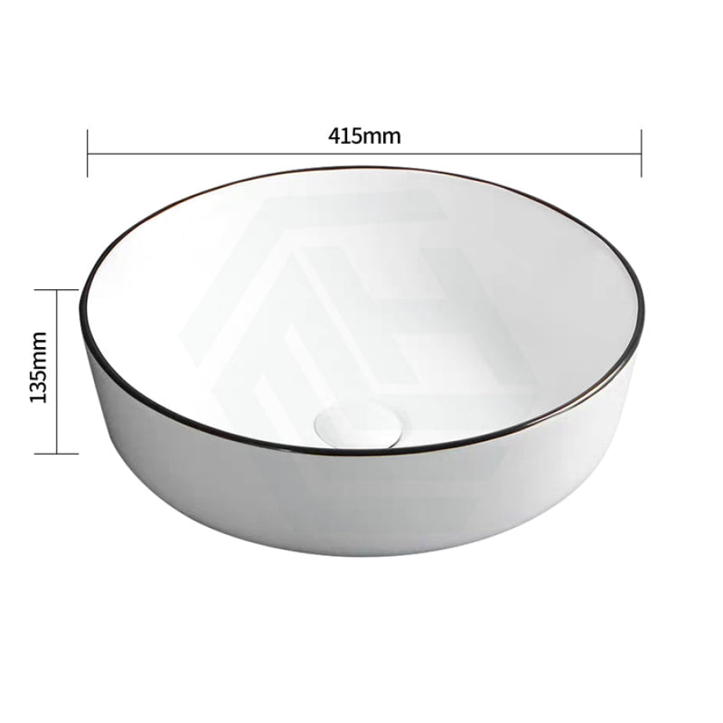 415X415X135Mm Round Above Counter Ceramic Wash Basin Gloss White With Black Rim