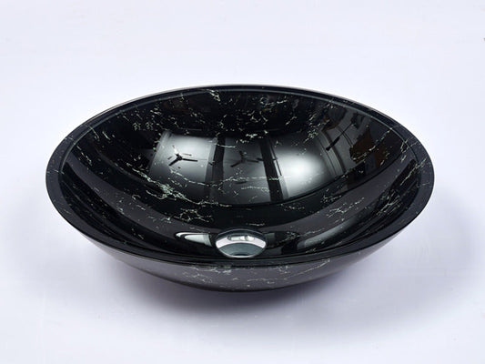 480X390X140Mm Gloss Black Double Layer Glass Oval Basin