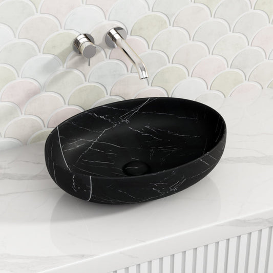 520X395X130Mm Bathroom Wash Basin Oval Above Counter Matt Black Marble Surface Ceramic Basins