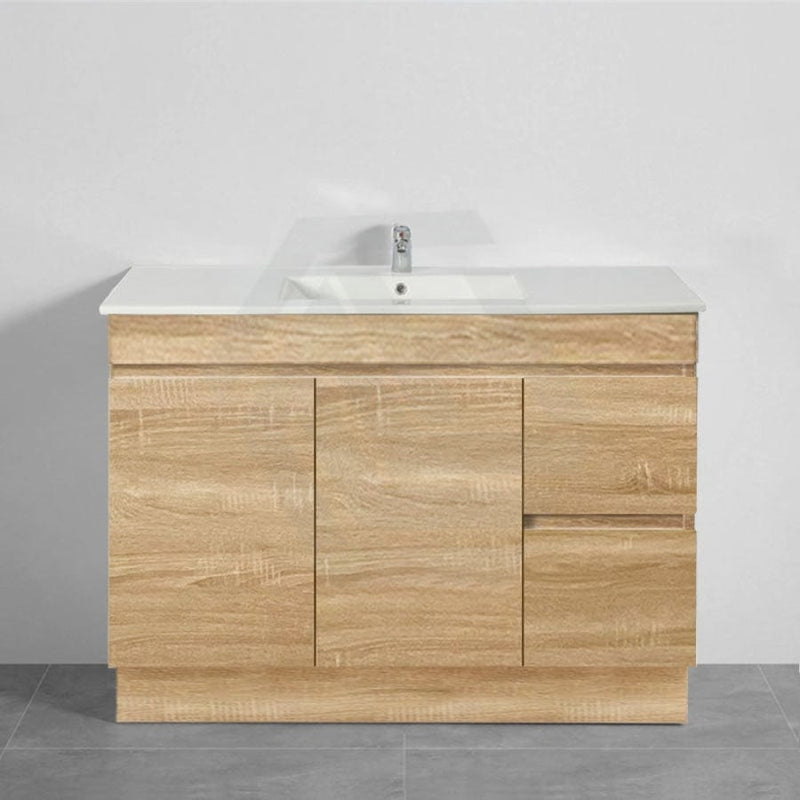 600-1500Mm Berge Freestanding Bathroom Floor Vanity With Kickboard White Oak Wood Grain Pvc Filmed