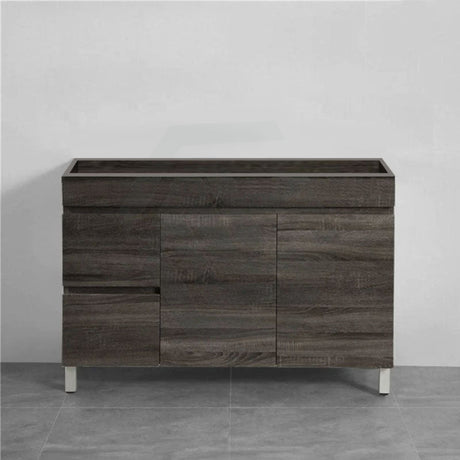 600-1500Mm Berge Freestanding Vanity With Legs Dark Grey Wood Grain Pvc Filmed Cabinet Only