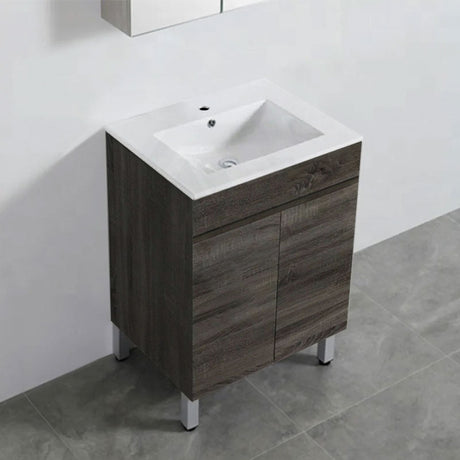 600-1500Mm Berge Freestanding Vanity With Legs Dark Grey Wood Grain Pvc Filmed Cabinet Only