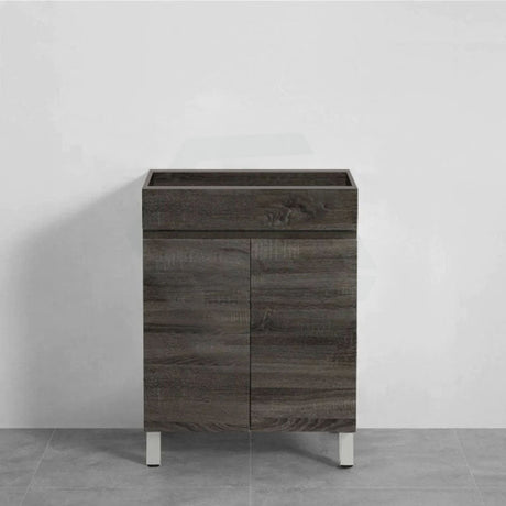 600-1500Mm Berge Freestanding Vanity With Legs Dark Grey Wood Grain Pvc Filmed Cabinet Only