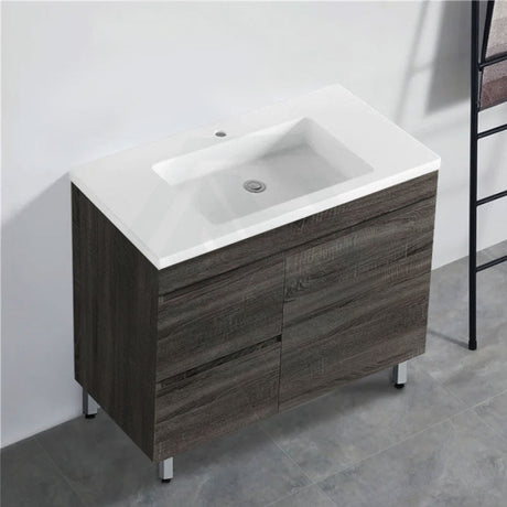 600-1500Mm Berge Freestanding Vanity With Legs Dark Grey Wood Grain Pvc Filmed Cabinet Only