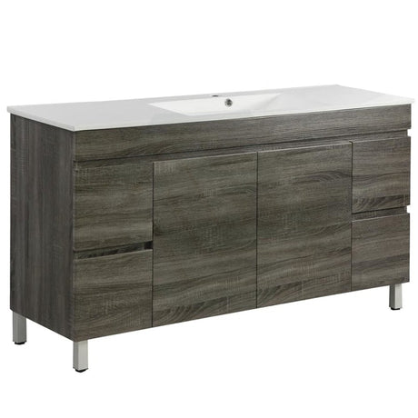 600-1500Mm Berge Freestanding Vanity With Legs Dark Grey Wood Grain Pvc Filmed Cabinet Only