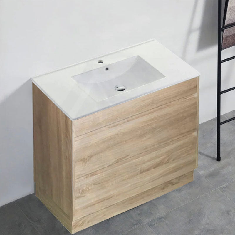600-1500Mm Freestanding Bathroom Floor Vanity With Kickboard White Oak Wood Grain Pvc Filmed Cabinet