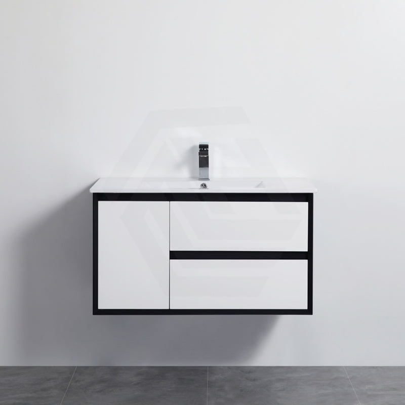 900Mm Wall Hung Pvc Vanity Matt Black & White Cabinet Only For Bathroom Right Hand Drawers / Only