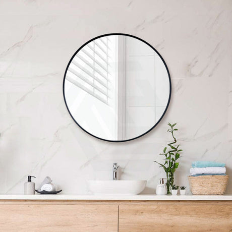 600/700/800/900mm Black Aluminum Framed Round Bathroom Wall Mirror With Brackets 700X700X40mm