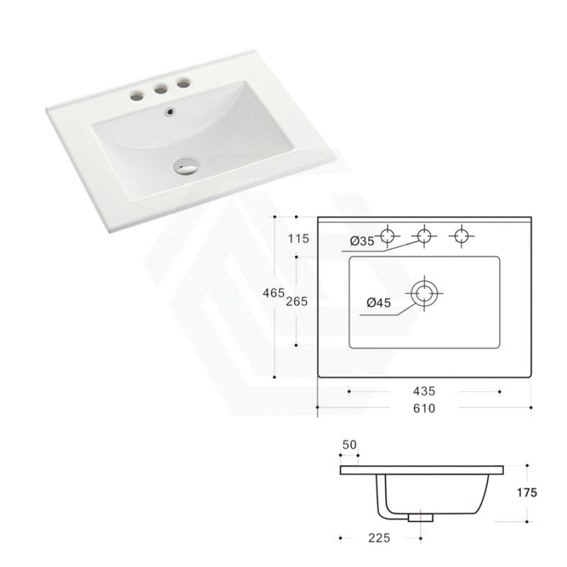 610X465X175Mm Ceramic Top For Bathroom Vanity Single Bowl 1 Or 3 Tap Holes Available Gloss White