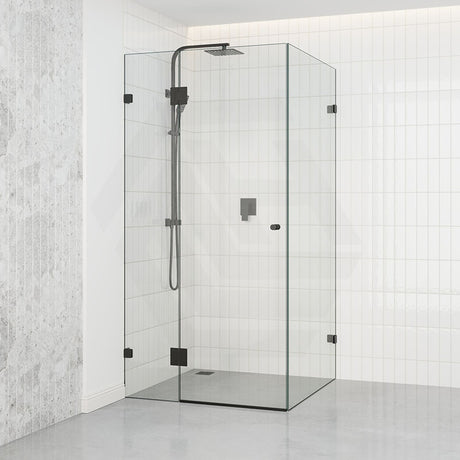 Tempered Glass Frameless Shower Screen L Shape Hinges Door Panel Black