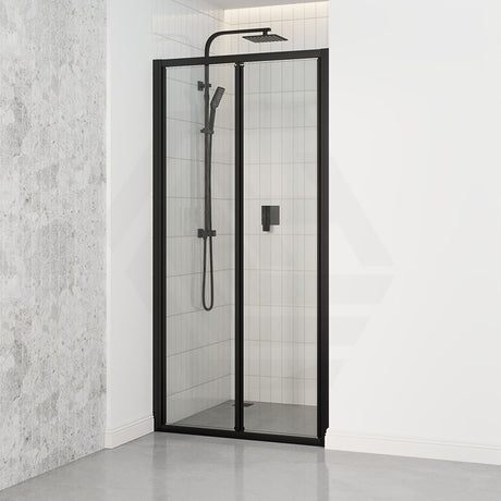 700-820X2000Mm Wall To Semi-Frameless Bi-Fold Swing Door Shower Screen Matt Black Rail 6Mm Glass