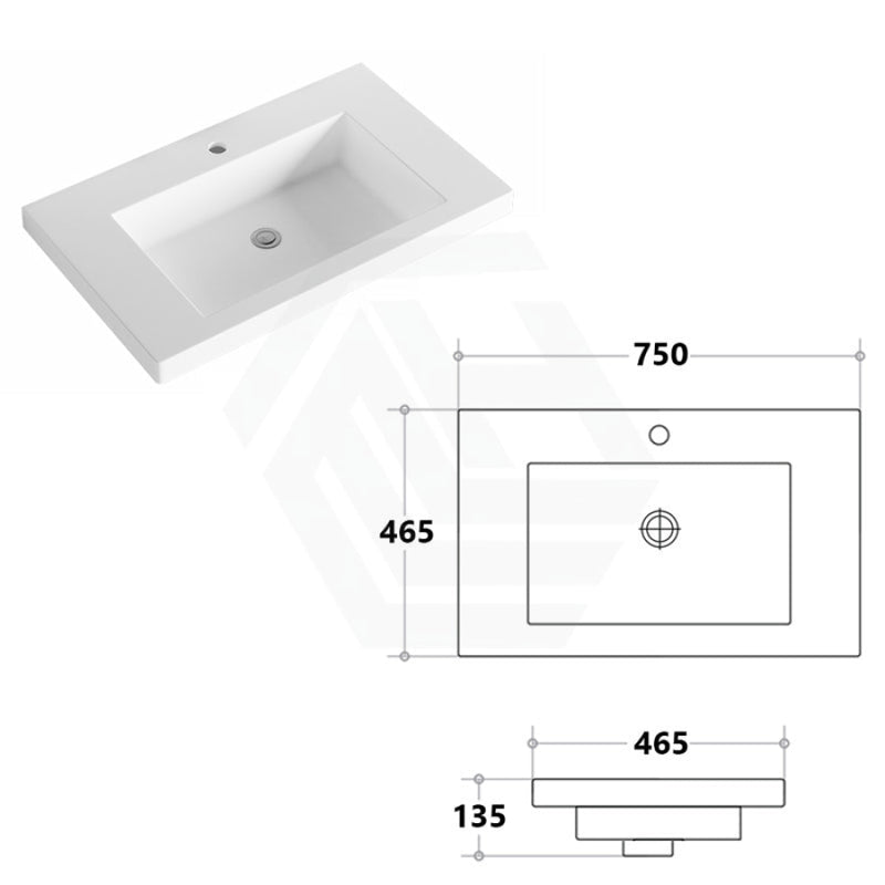 750X465X135Mm Poly Top For Bathroom Vanity Single Bowl 1 Or 3 Tap Holes Available No Overflow Hole
