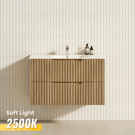 600-1500mm Bali Wall Hung Floating Vanity White Oak Linear Fluted Cabinet PVC Coating