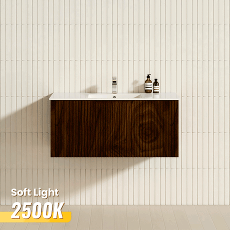 600-1500Mm Wall Hung Vanity Fluted Style Brown Oak Color Pvc Coating Vanities