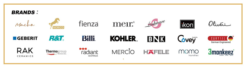 Logos of bathroom and kitchen brands including Macho, Norico, Fienza, Meir, Linkware, Ikon, Oliveri, Geberit, R&T, Billi, Kohler, BNK, Covey, CARYSIL, RAK Ceramics, Thermogroup, Radiant Australia, Mercio, Hafele, Momo Handles, and 3monkeez