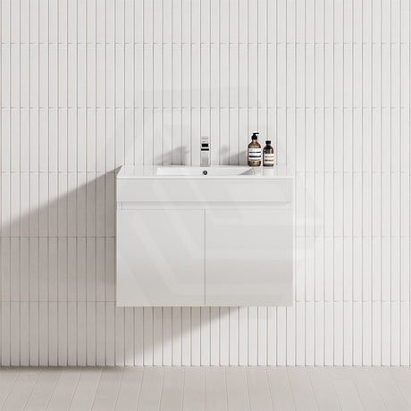 Gloss White 2-door, 600mm wall-hung floating vanity with a single bowl